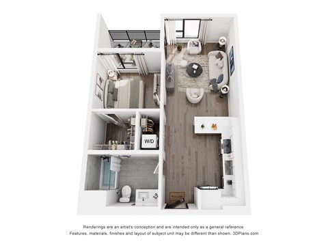 Floor plan for 1 bed, 1 bath, 628 sqft